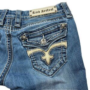 Rock Revival Leah Easy Boot Jeans 27 Low Rise Whiskered Thick Stitch Distressed